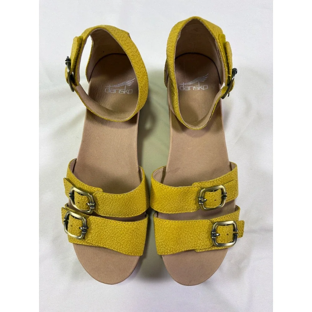 Dansko Astrid Wedge Sandals 39 US 8.5-9 Yellow Leather Buckle Comfort Boho Walk